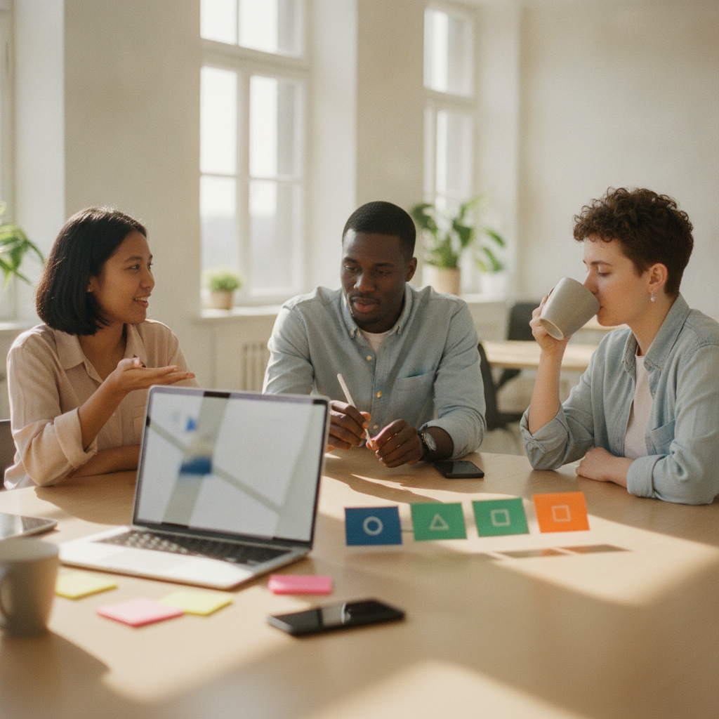Three-person marketing team comparing colored tier cards and laptop during a planning session in a bright office