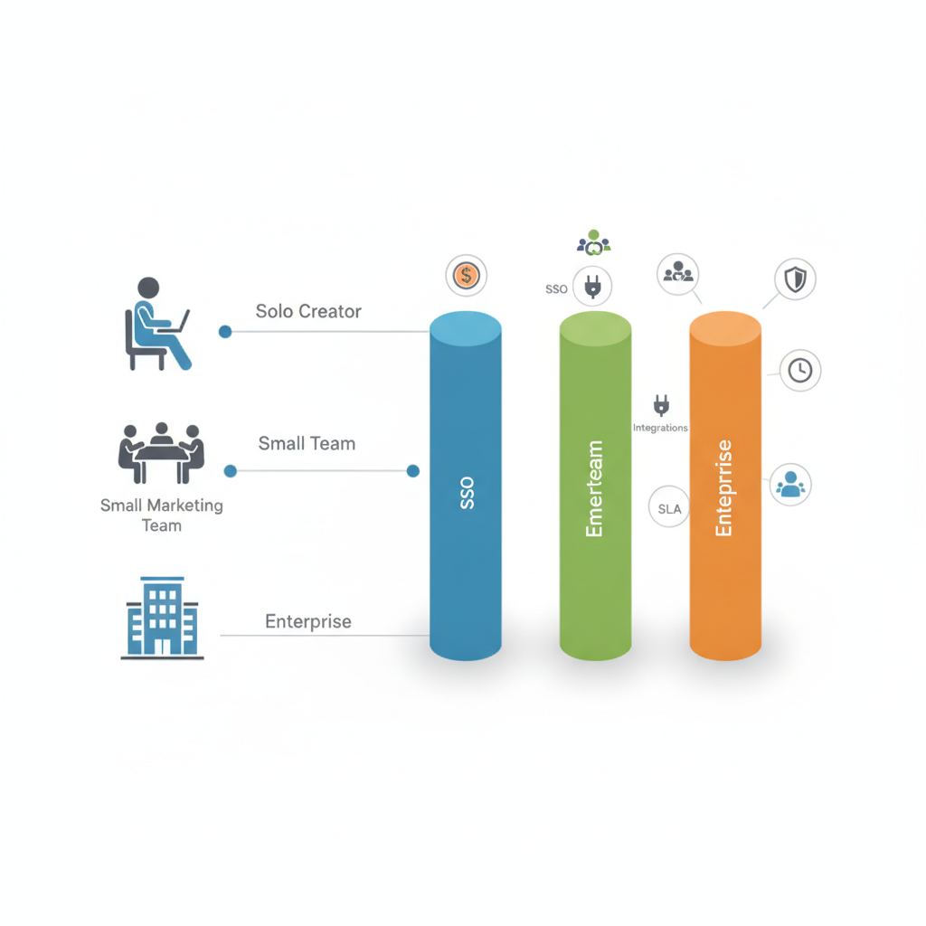 Isometric decision matrix mapping solo, small team, and enterprise scenarios to colored tier pillars with feature icons