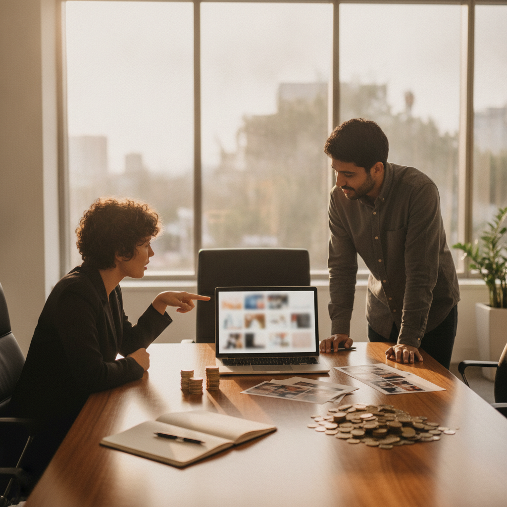 Marketing team reviewing AI-generated photos at a table, comparing a neat coin stack and a scattered coin pile as pricing