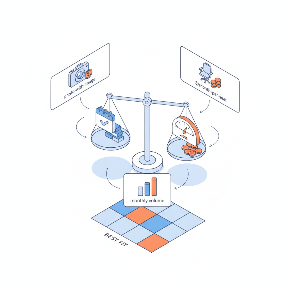 Isometric infographic showing a balance between subscription and usage icons with icon panels and a colored decision grid.