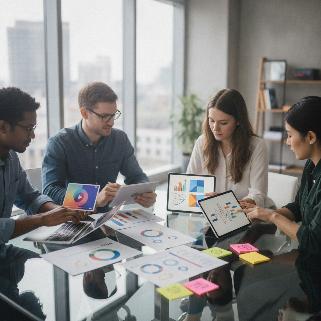 Diverse team reviews laptops and printed charts, pointing at ROI while comparing AI creative tool pricing in a modern office