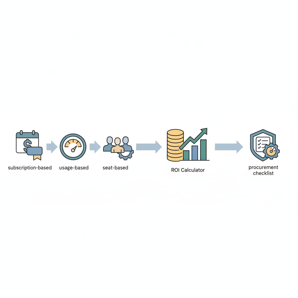 Isometric diagram showing pricing model icons (subscription, usage, seat, hybrid) flowing into an ROI calculator