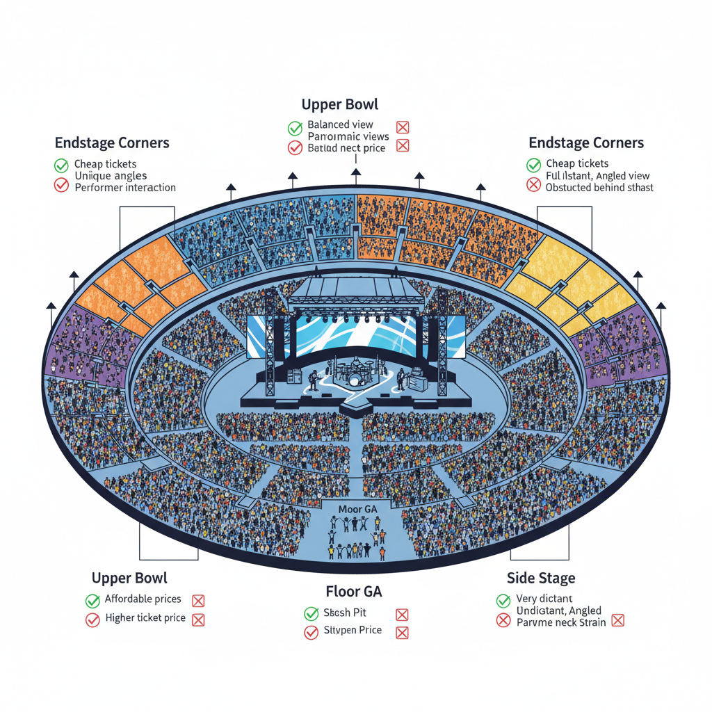 Seat-selection primer — pros/cons: floor GA, lower bowl, upper bowl, side stage, endstage corners illustration