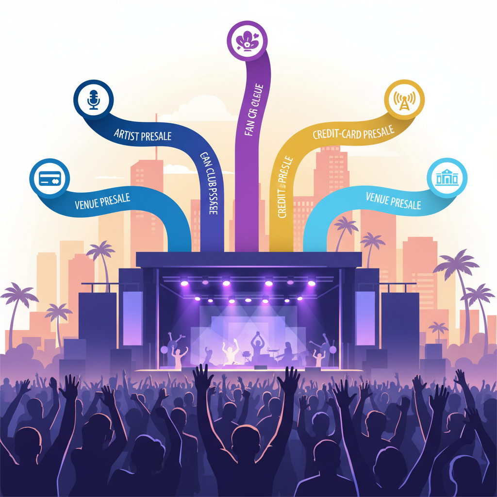 Presale types that unlock front-row access (artist, fan club, credit-card, venue, radio) illustration