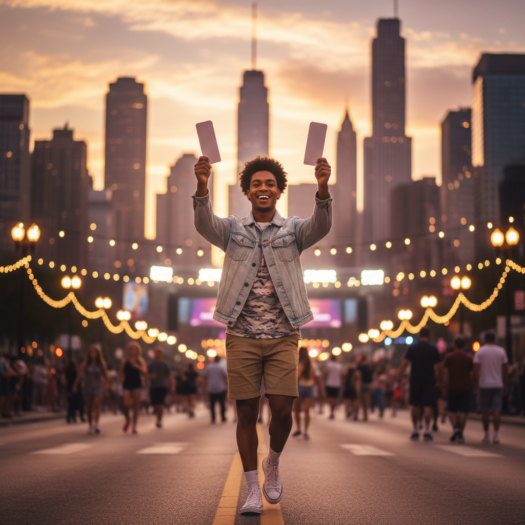 Young fan raises two blank paper tickets on a summer dusk city street, blended festival crowd and multi-city skyline behind