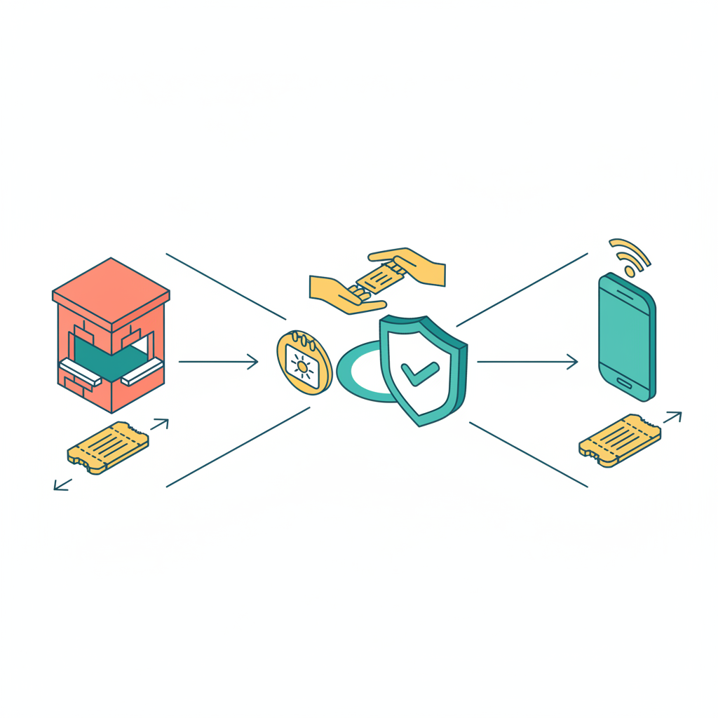 Isometric diagram of three ticket sources converging to a shield verification badge with a calendar sun icon