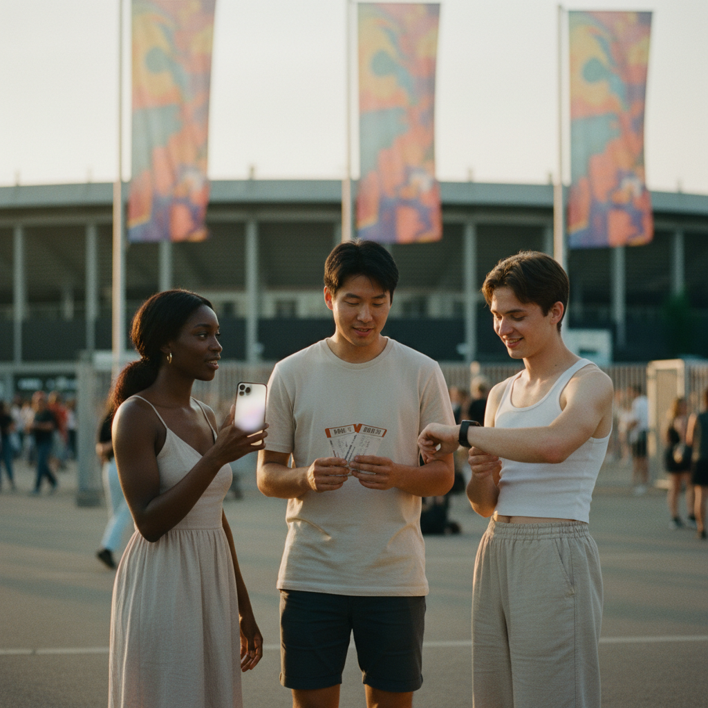Three fans outside a summer stadium at dusk comparing phones and tickets while preparing to buy same‑day entry.