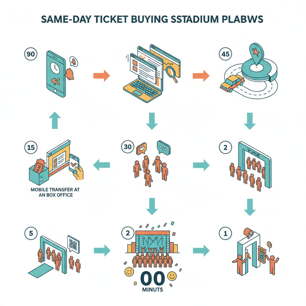 Isometric infographic showing a 90→0 minute same‑day ticket buying playbook with icons for alerts, travel, negotiation, and p