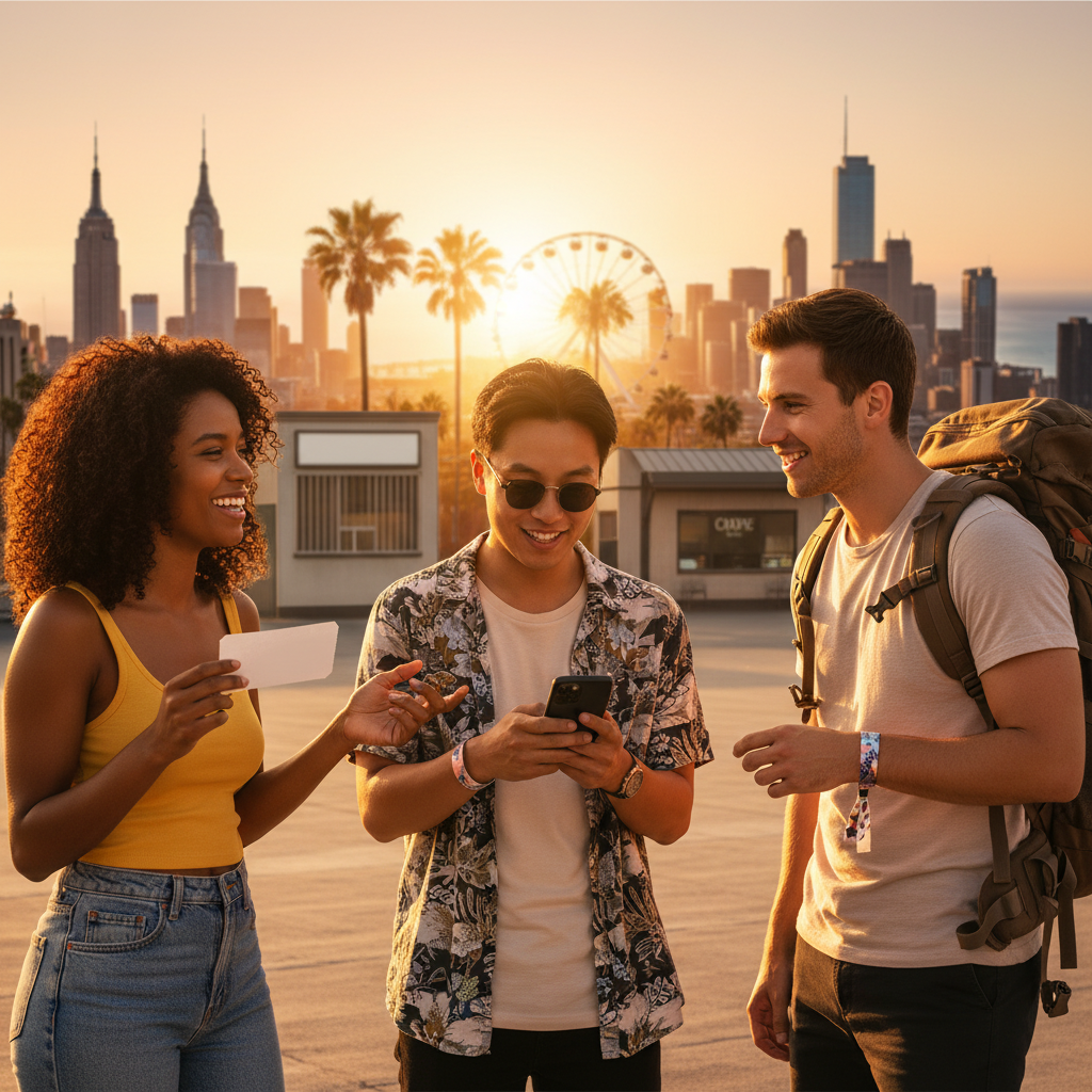 Three fans compare tickets and apps on a rooftop at dusk with NYC, LA and Chicago skylines behind them