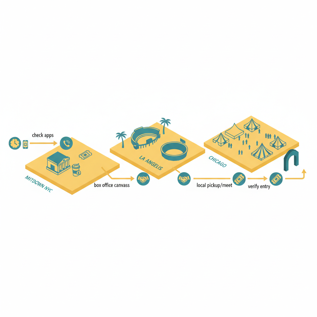 Isometric how-to diagram of three city blocks showing ticketing steps for NYC, LA and Chicago without text