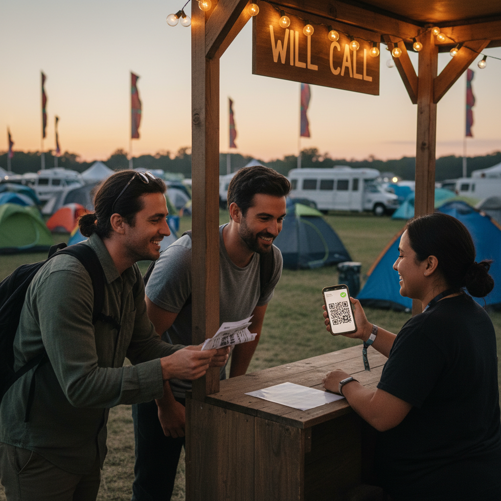 Two festivalgoers handing a printed ticket and phone to a will‑call clerk at Great Stage Park box office at dusk