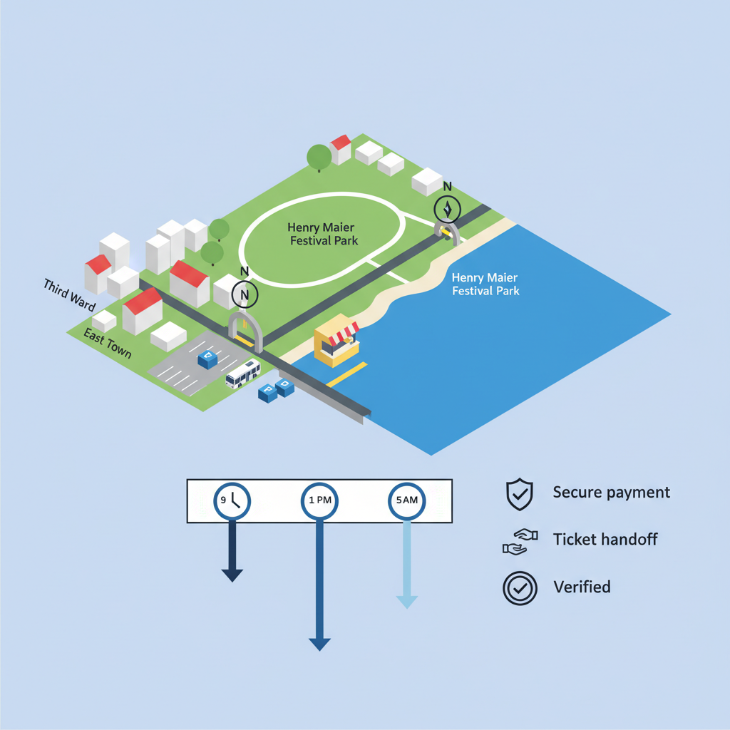 Isometric map diagram showing gates, box office, timing clocks, transit and vetting icons for same‑day Summerfest tickets