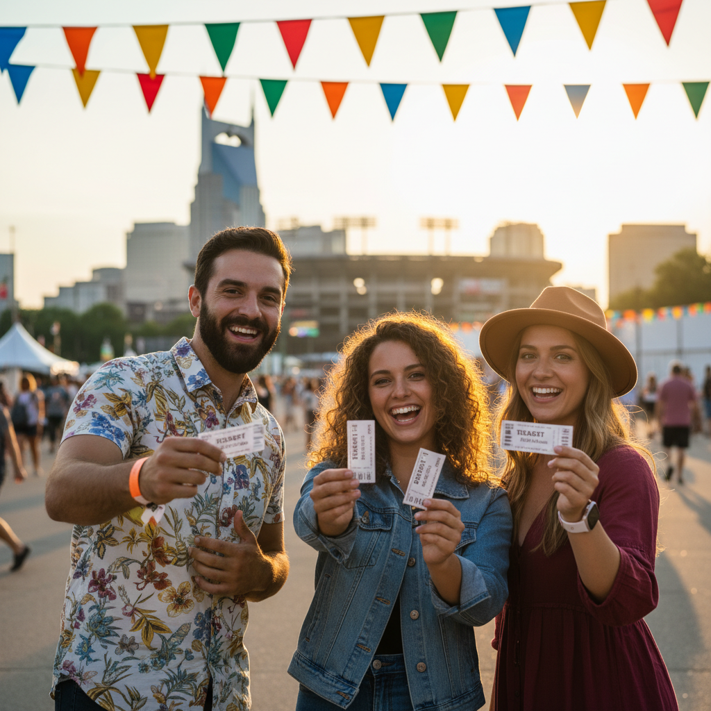 Fans holding paper wristband tickets outside a festival gate near Nissan Stadium, celebrating a summer CMA Fest day