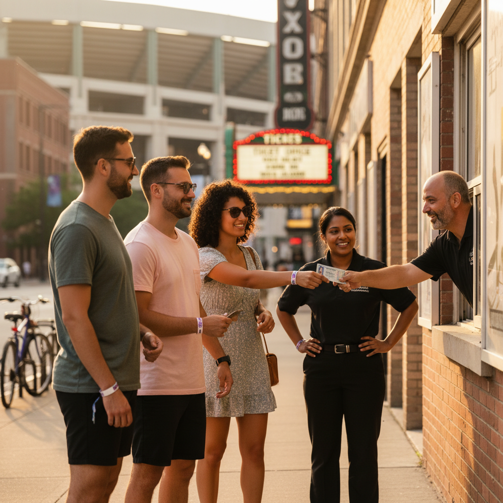Group collecting verified same-day tickets at a Chicago box office window on a summer evening