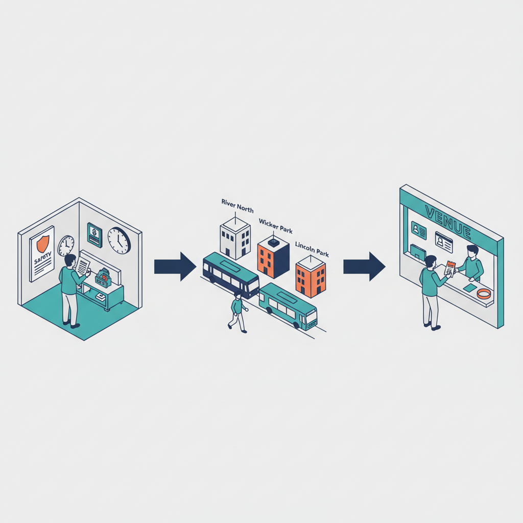 Isometric step-by-step diagram showing same-day ticket pickup workflow across Chicago neighborhoods