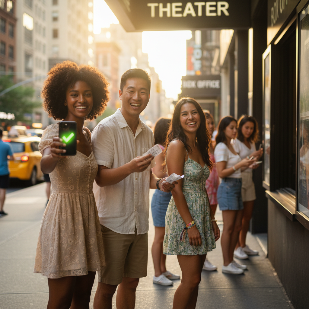 Three friends checking a verified ticket on a phone and holding a paper stub outside a Manhattan box office during summer.