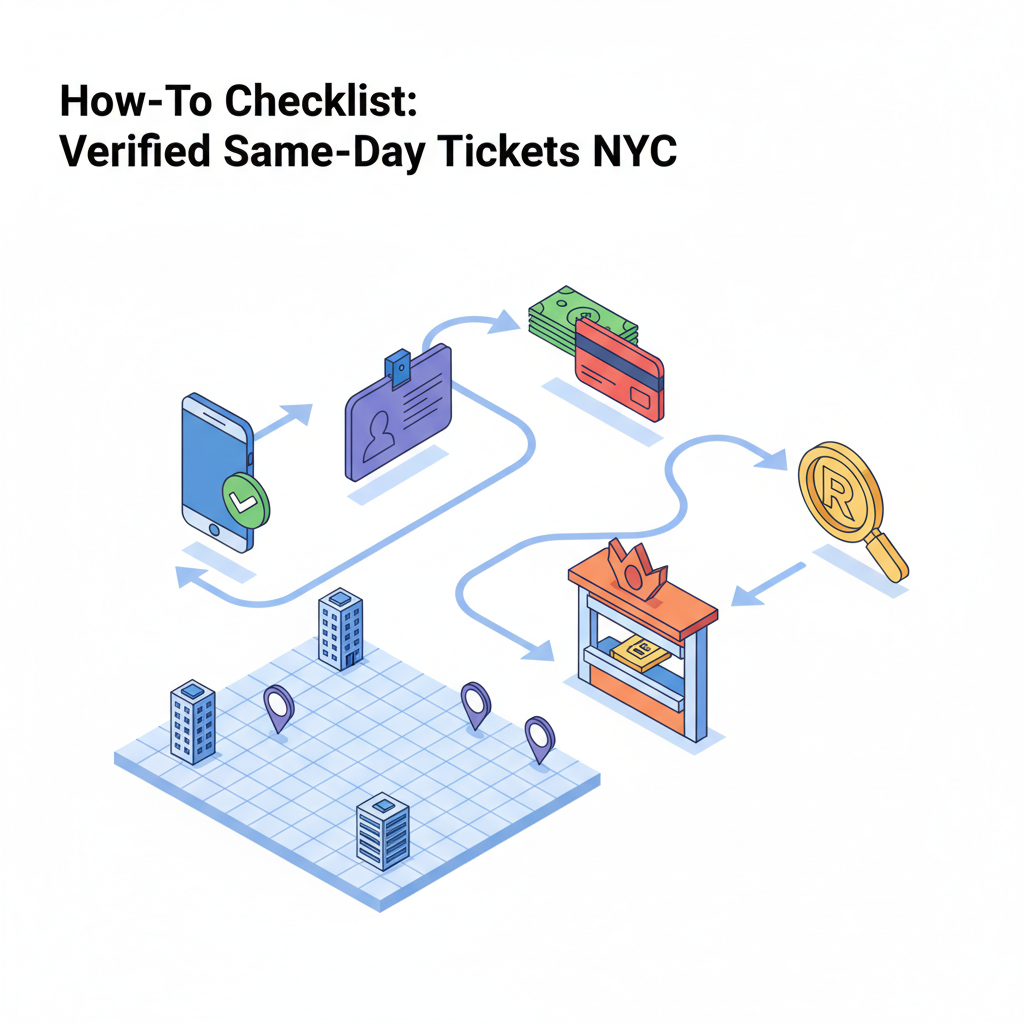 Isometric checklist showing phone check, ID, cash/card, box office and resale magnifier for same-day NYC tickets.