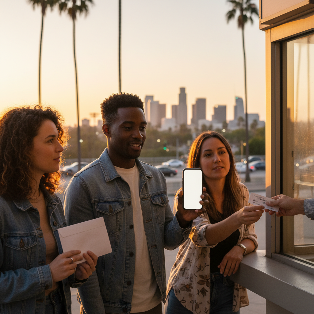 Three friends checking a phone and accepting a will-call ticket at an outdoor amphitheater box office at dusk in Los Angeles