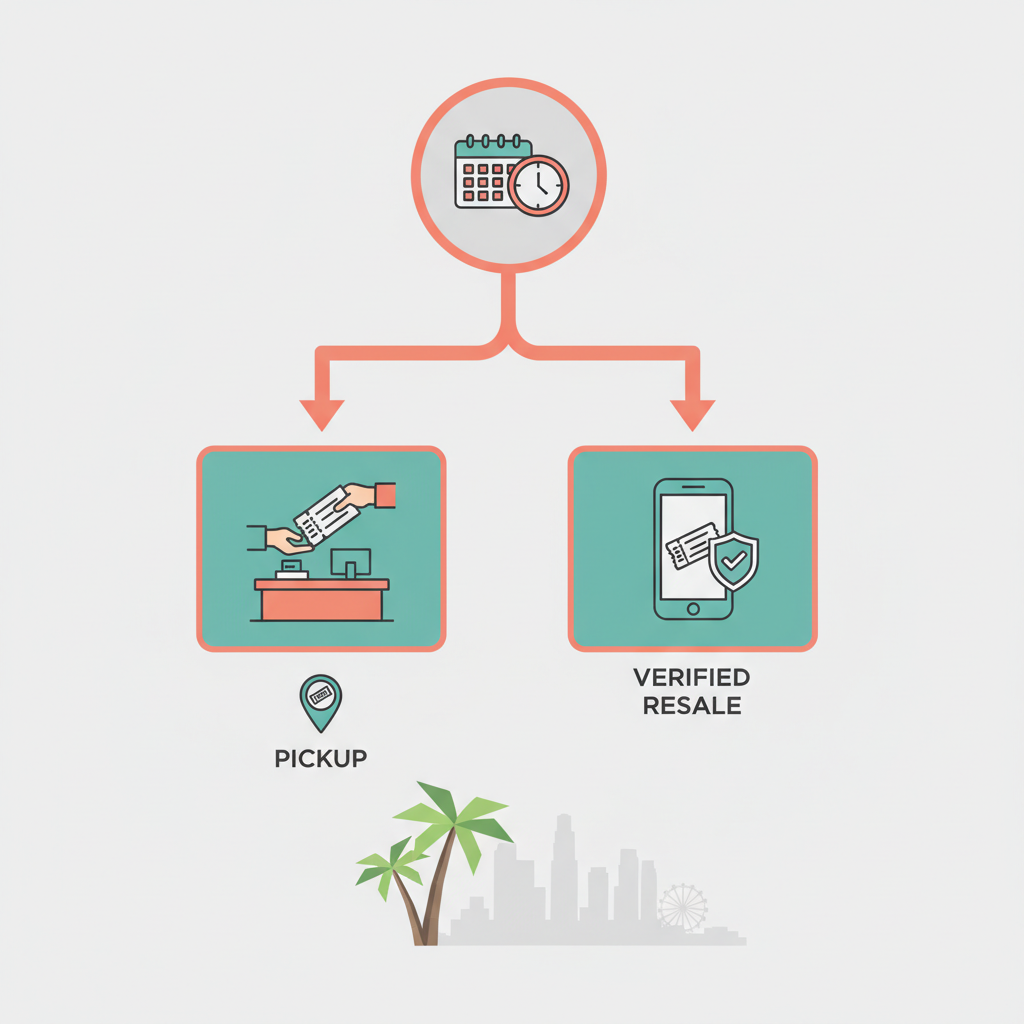 Isometric diagram showing decision flow between box office pickup and verified resale apps for same-day LA tickets