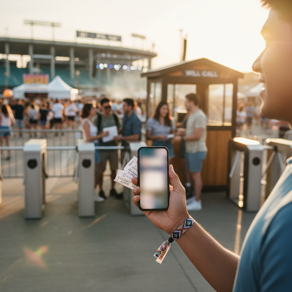 Young fan checks a phone by a stadium entrance at sunset, wristband and ticket stub visible amid a crowd