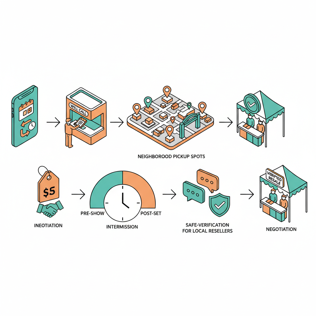 Isometric diagram showing a stepwise same-day ticket workflow: transfer windows, box office, pickup spots, timing, verificati
