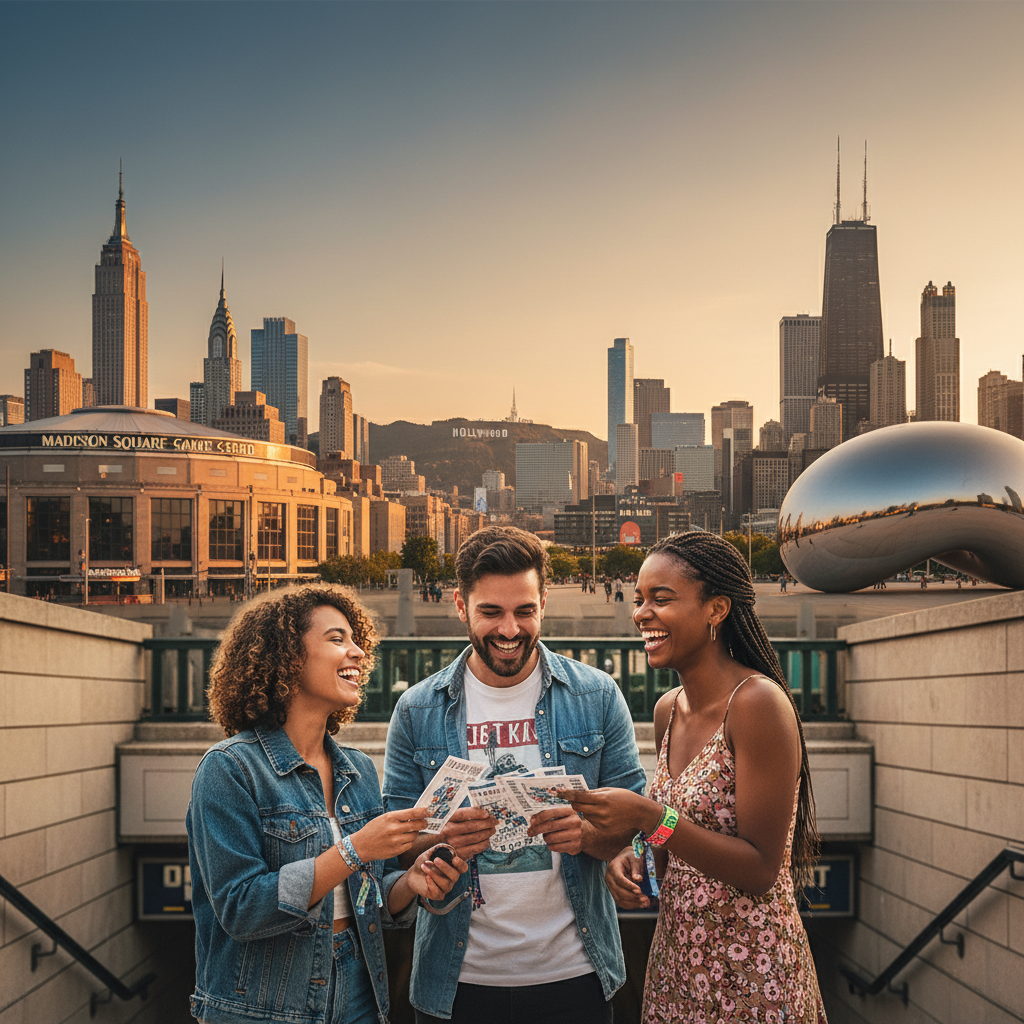 Three friends exchanging concert tickets near a blended NYC, LA and Chicago skyline at golden-hour, summer meetup scene