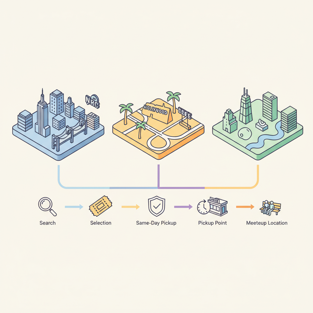 Isometric infographic linking three city mini-maps with icons showing find, verify, and pickup steps for same-day tickets