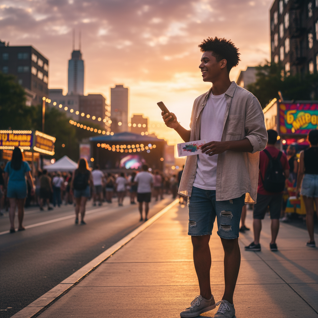 Young person holding a paper ticket and checking a phone on a busy summer city sidewalk beside a festival stage at sunset.