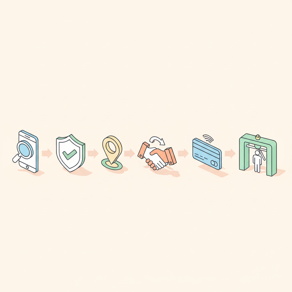 Isometric diagram showing a step-by-step same-day ticket workflow with icons and arrows for search, verify, meet, pay, and en