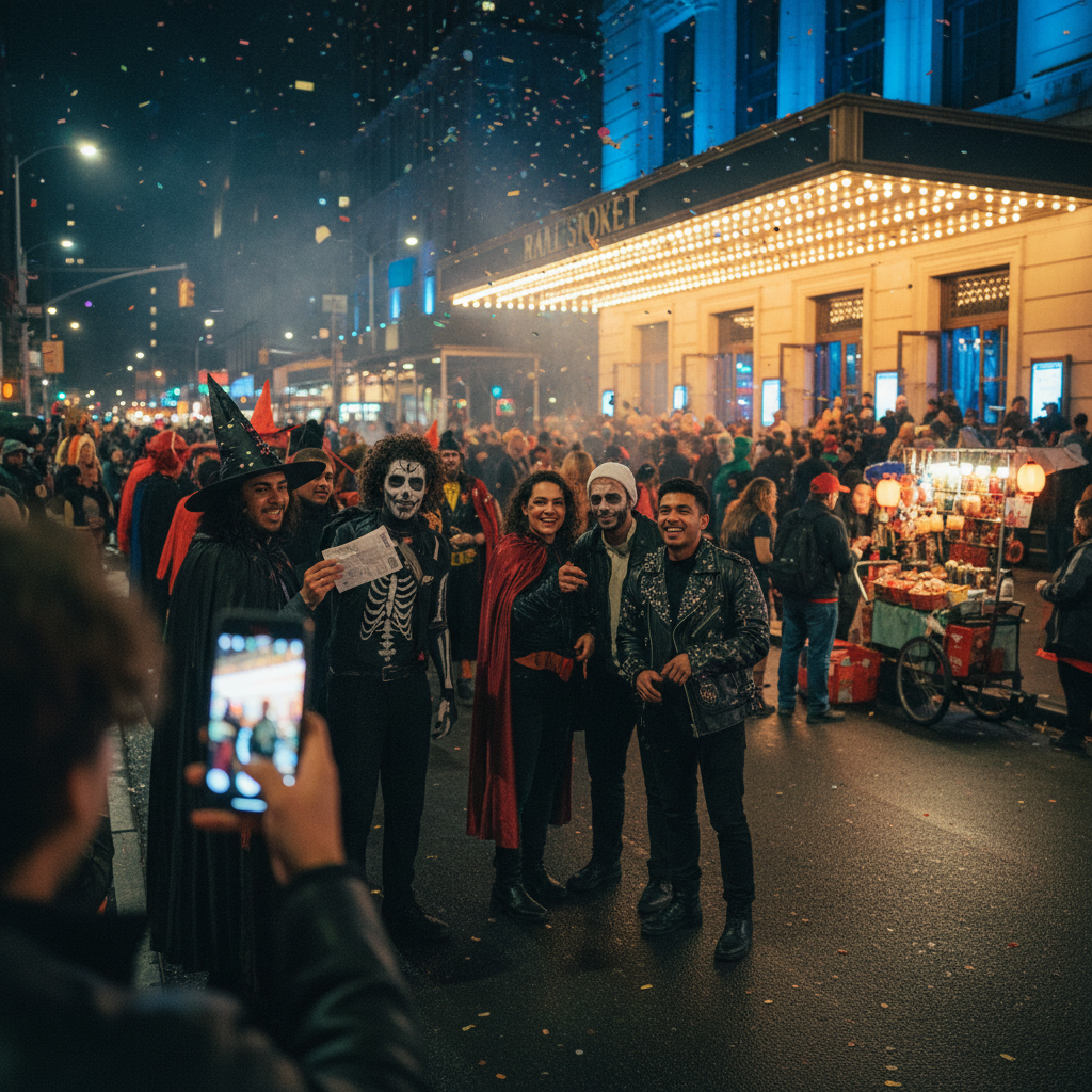 Crowd in Halloween costumes queueing outside a lit NYC concert hall, people checking phones and holding ticket stubs.