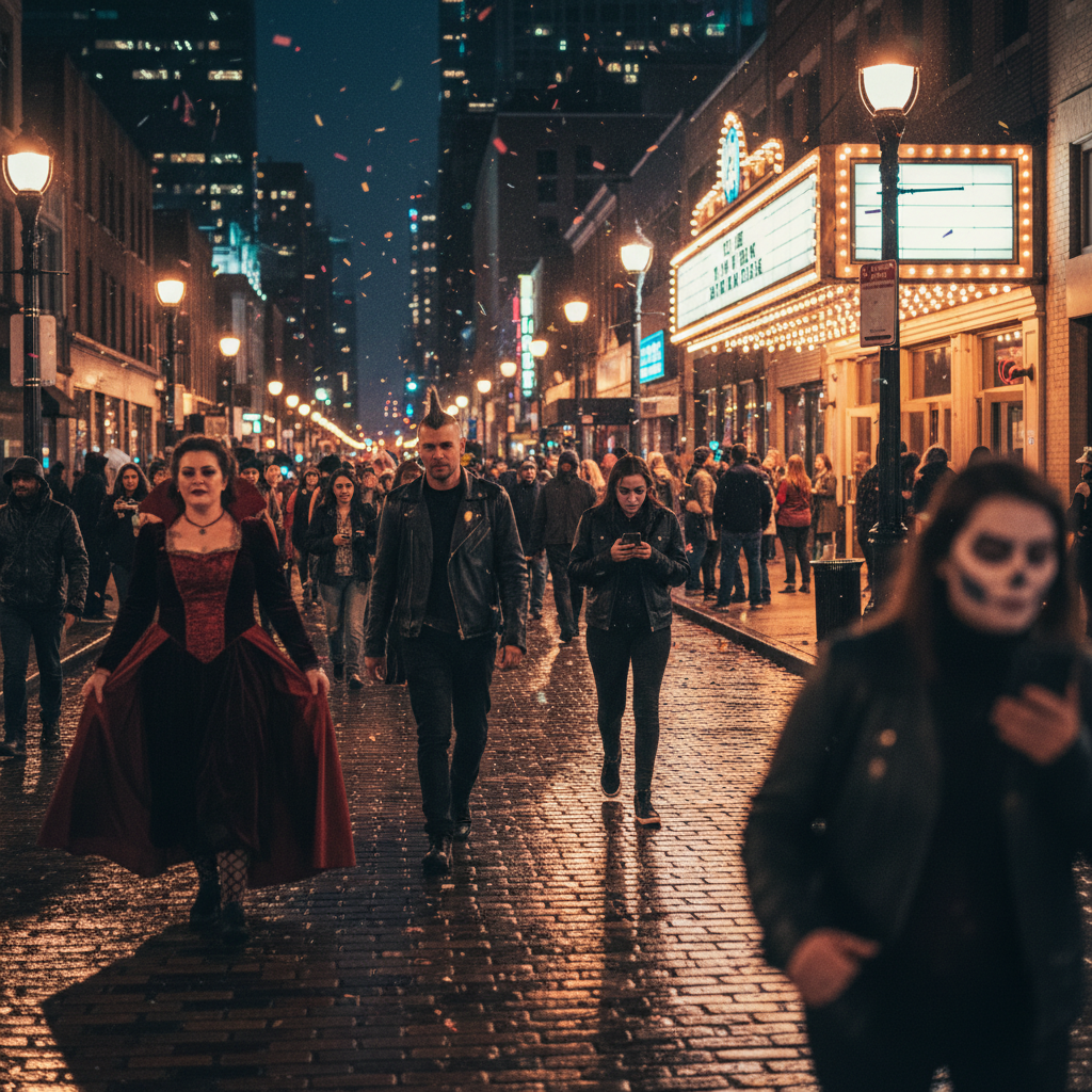 Crowd in Halloween costumes walking toward lit concert venues at night, checking phones for last‑minute tickets