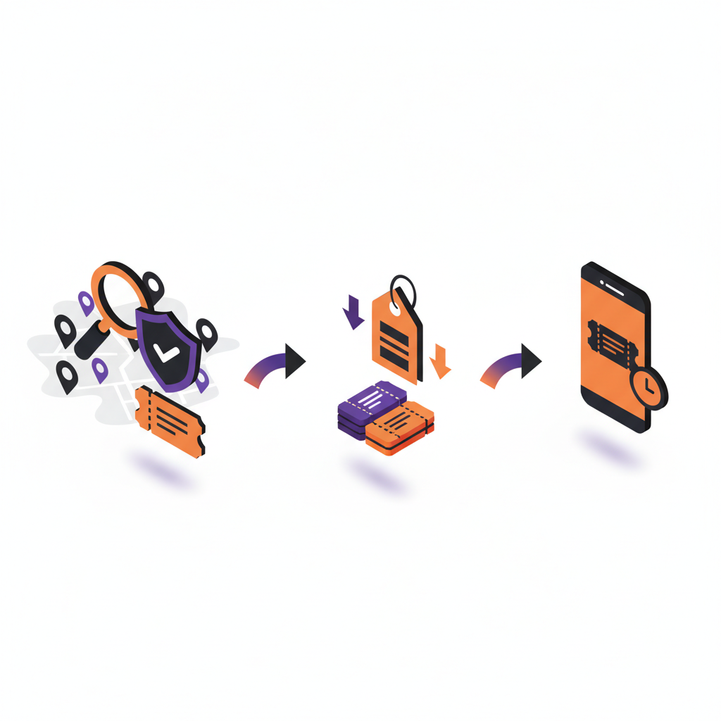 Isometric four‑step diagram showing search, verified tickets, price compare, and smartphone rush entry for last‑minute concer