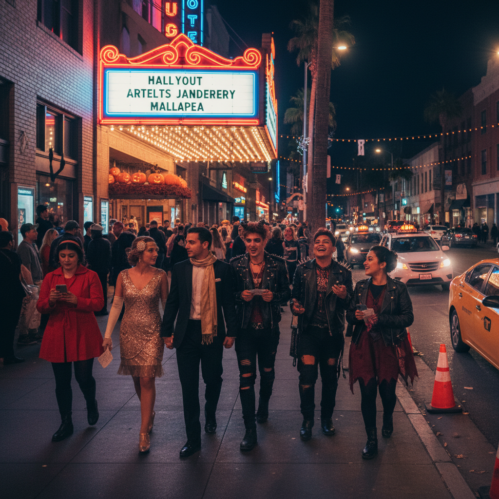 Crowd in Halloween costumes checking phones and tickets outside lit theaters on a Hollywood street at night