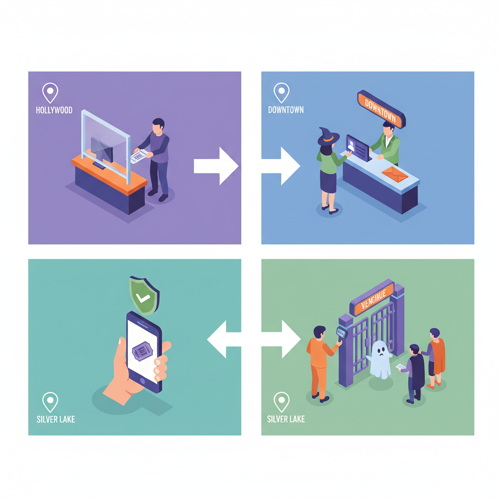 Isometric diagram showing steps to get verified same-day Halloween tickets in LA: box office, resale, will-call, pickup