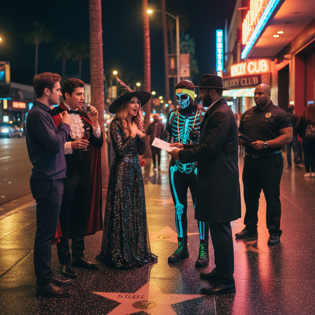 Costumed friends accept a sealed ticket envelope from a seller outside a Hollywood club at night.