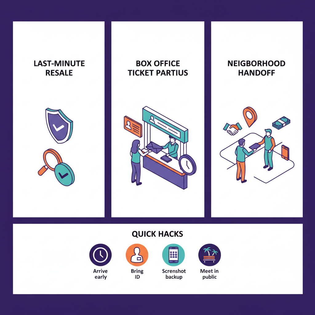 Isometric diagram with icons for verified sellers, box-office will-call, and neighborhood pickup tips.