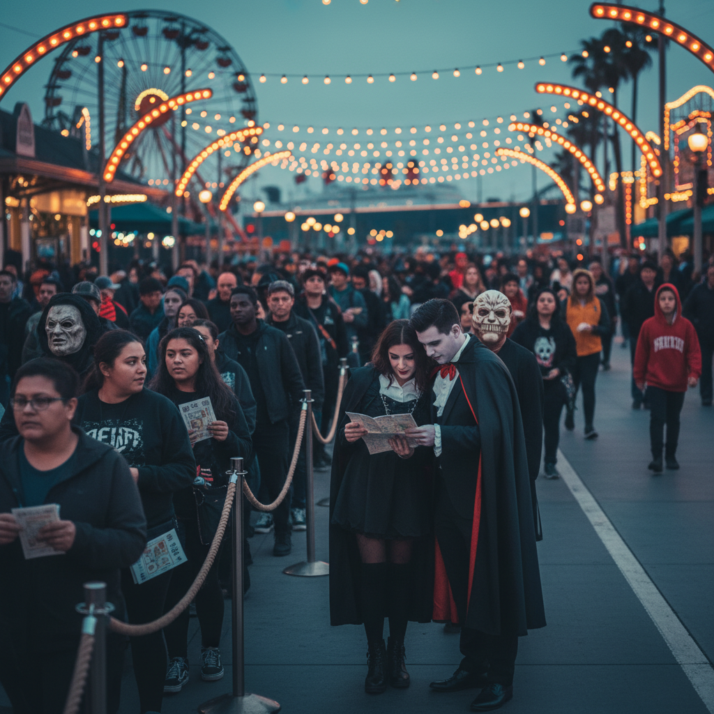 Crowd in Halloween costumes queuing under illuminated theme-park gates at dusk in Los Angeles, holding tickets
