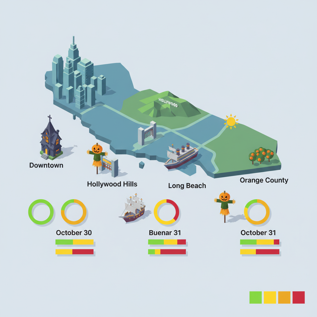 Isometric LA map with color-coded markers and bar glyphs showing last-minute ticket availability for Halloween weekend