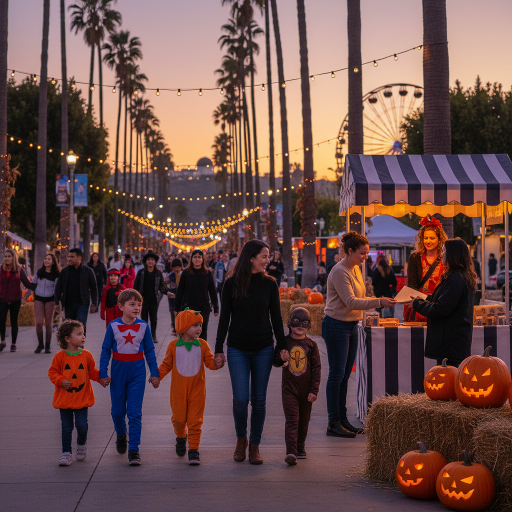Family in Halloween costumes walking a palm-lined LA street at dusk past pumpkins and festival booths