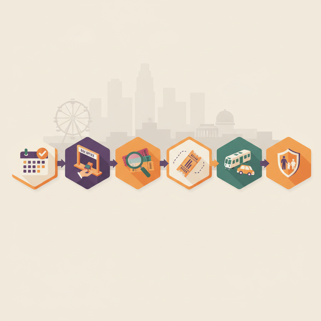 Isometric flow diagram with icons showing steps to secure same-day family tickets in Los Angeles