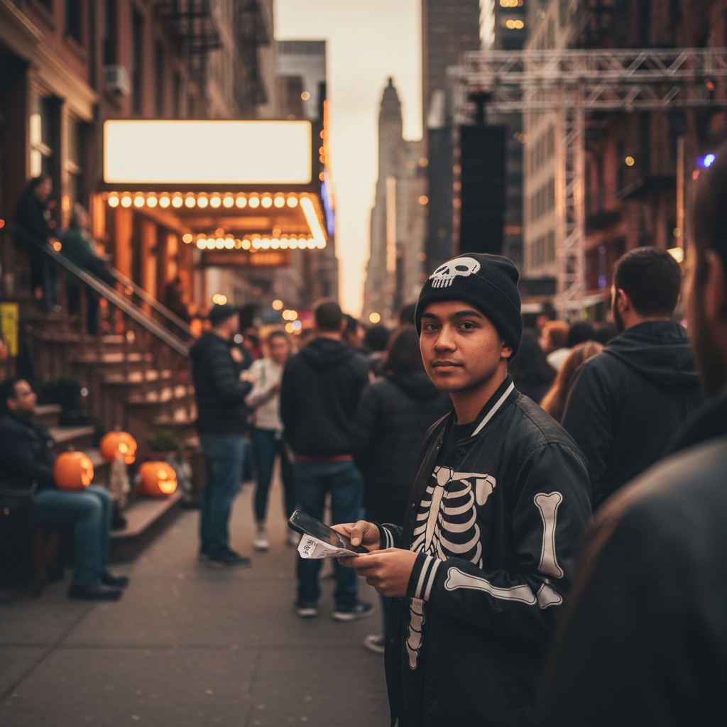 Halloween concertgoer in Midtown NYC at dusk holding a printed ticket amid costumed crowd and distant stage lights