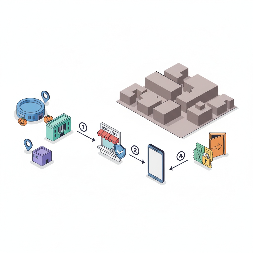 Isometric how‑to diagram showing steps to secure verified same‑day Halloween concert tickets in NYC: venues, box office