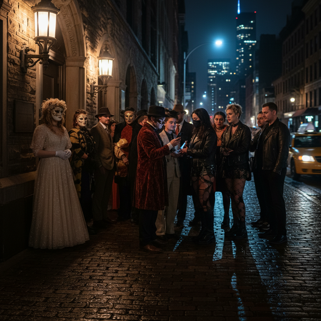Costumed theatergoers queuing outside a Chelsea venue at night, checking phones for last‑minute tickets.