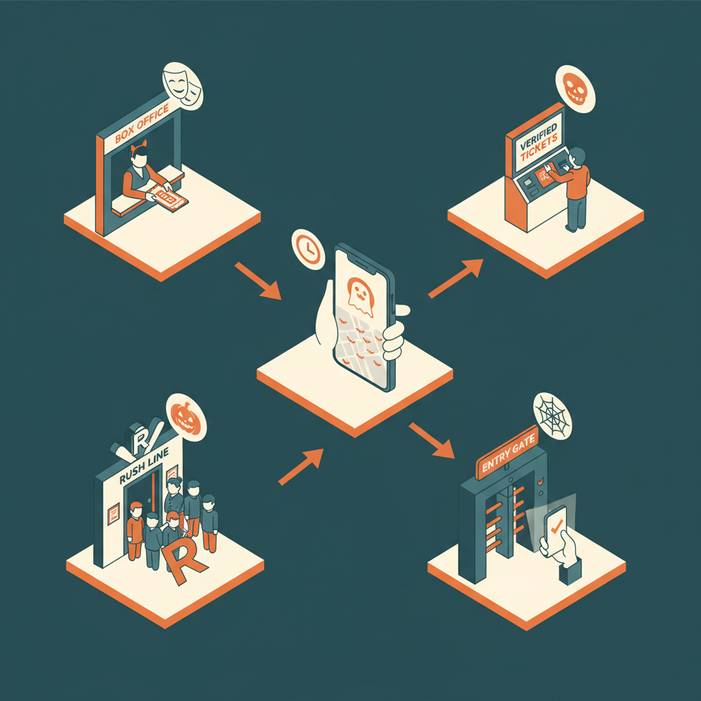 Isometric diagram of ticket sources (box office, reseller apps, rush line) and verification steps for last‑minute tickets.