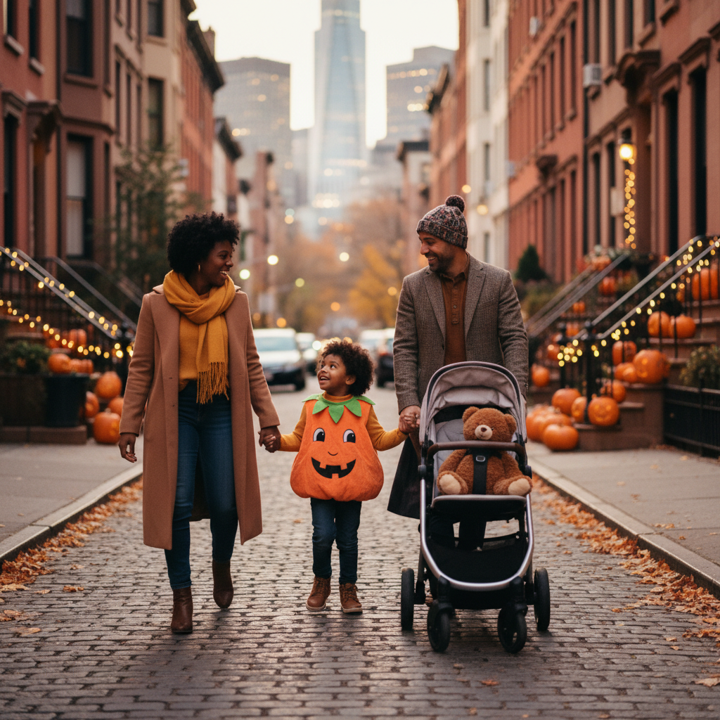 Parents and two children in Halloween costumes walking a decorated NYC brownstone street at dusk with pumpkins on stoops