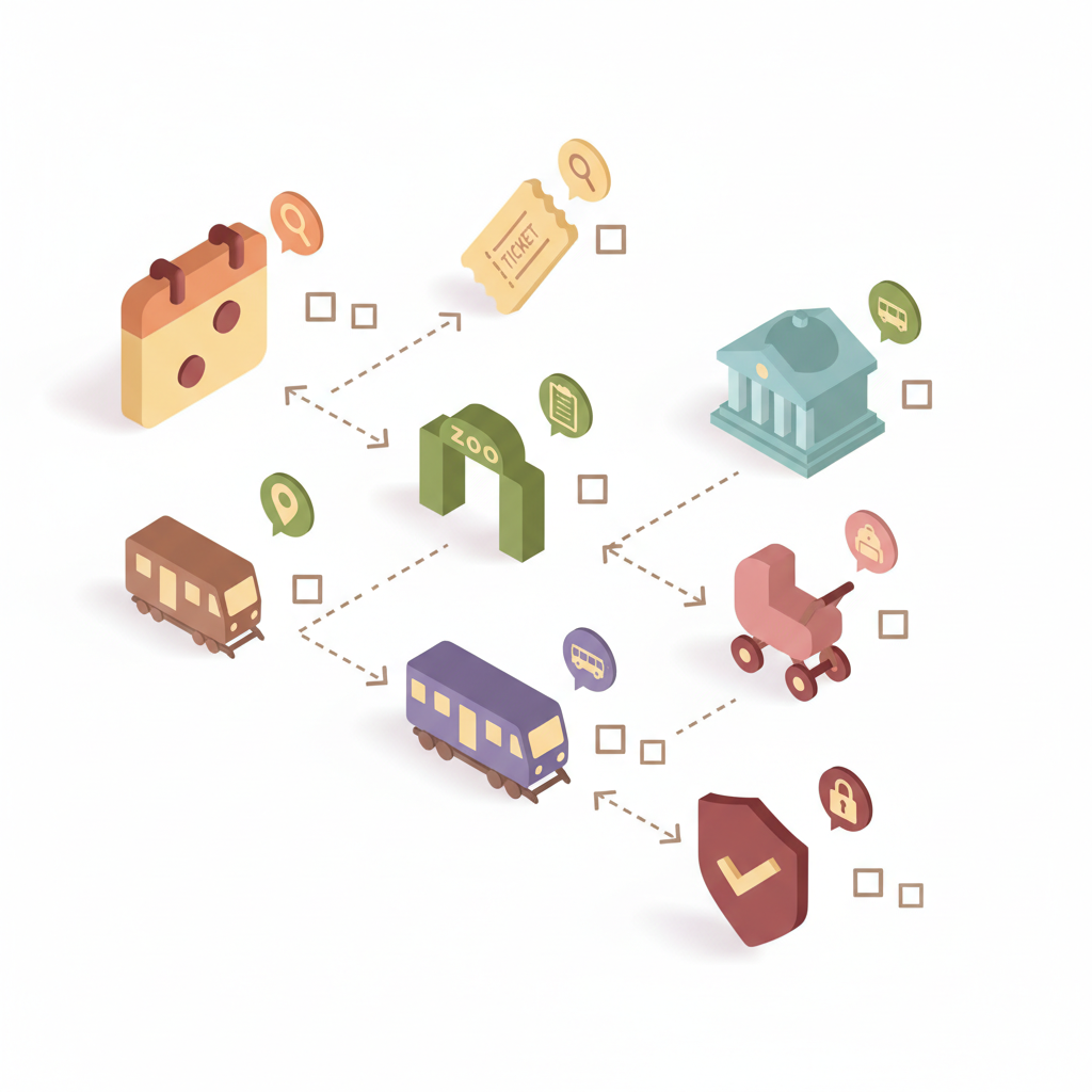 Isometric infographic with icons for tickets, zoo entry, stroller access, transit and safety arranged as a family planning