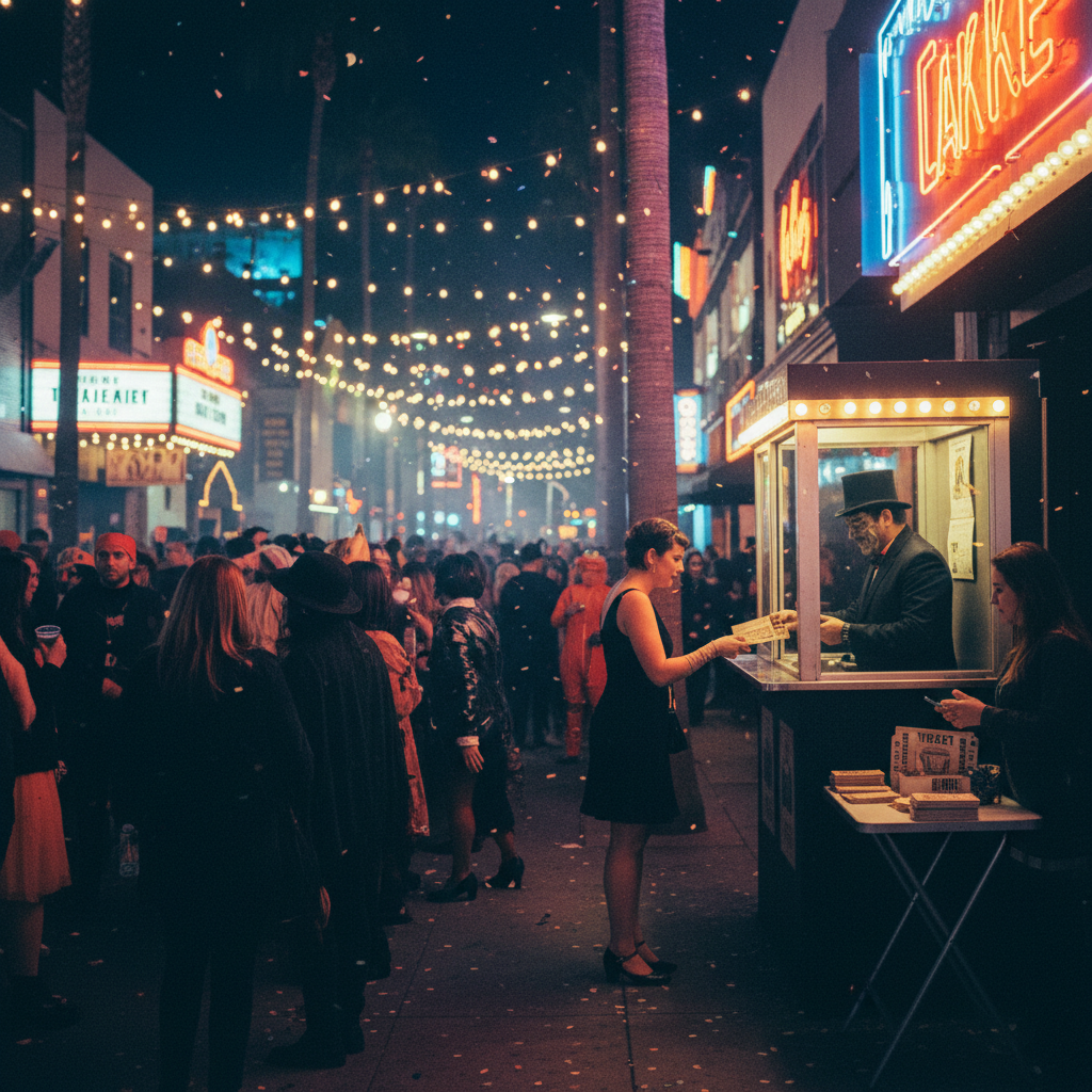 Crowd in Halloween costumes gathering outside West Hollywood clubs at night, queuing at a box office window.