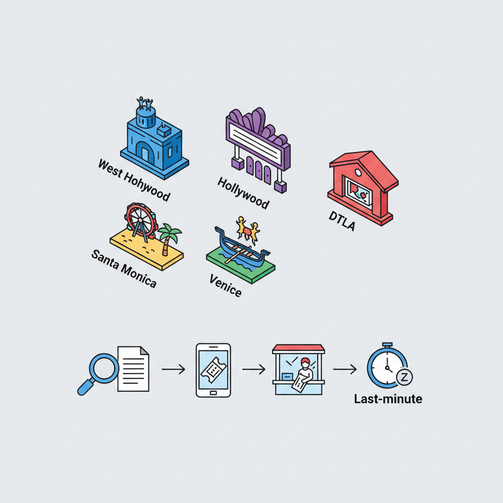Isometric infographic map with club, box office, phone and arrow icons showing last-minute ticket steps across LA