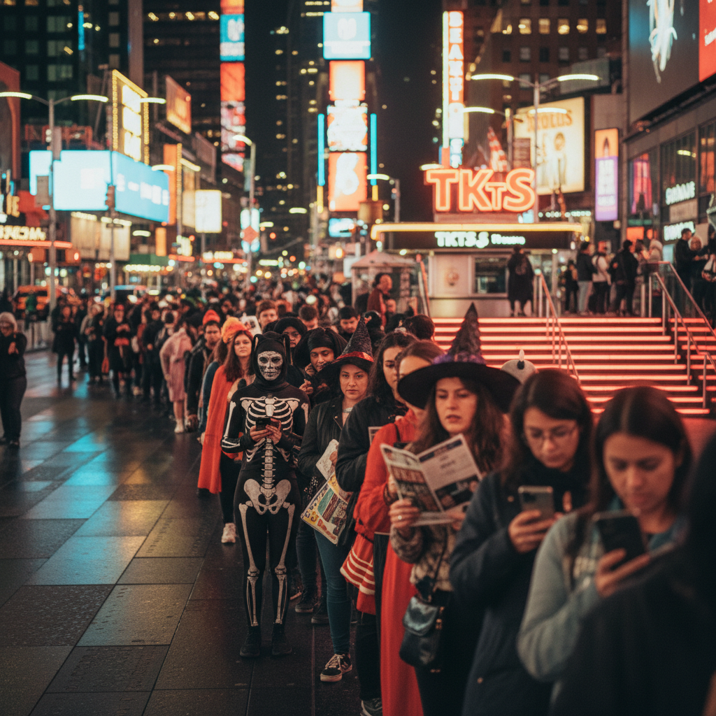 Halloween-costumed crowd queuing at a TKTS booth in Times Square at night, wet pavement and blurred theatre lights.