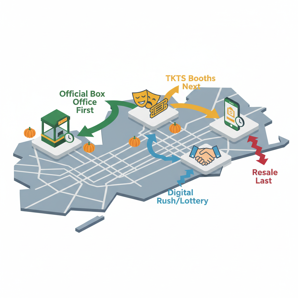 Isometric infographic showing color-coded pictogram flow for same-day ticket options in Manhattan, with arrows and Halloween